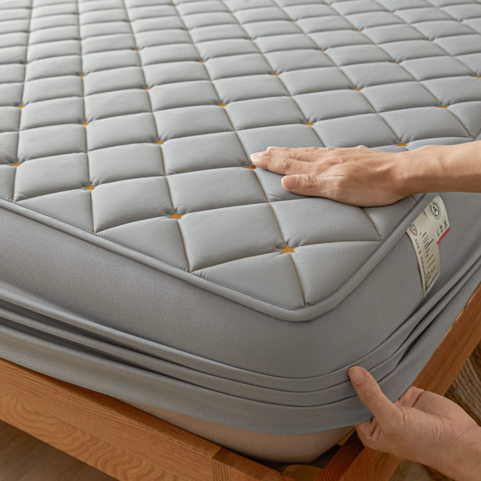 91家纺网 家纺一手货源 找家纺 芬晴家纺 2025新款A类母婴级大豆防水夹棉床笠-简爱-空间 空间-星灰