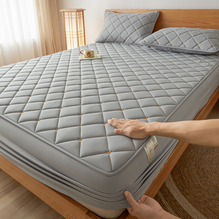 91家纺网 家纺一手货源 找家纺 芬晴家纺 2025新款A类母婴级大豆防水夹棉床笠-简爱-空间 空间-星灰