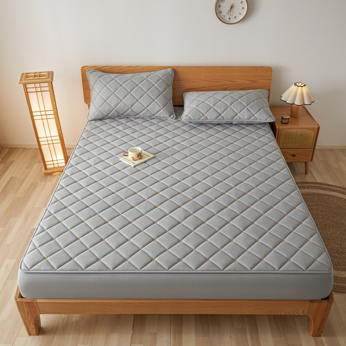 91家纺网 家纺一手货源 找家纺 芬晴家纺 2025新款A类母婴级大豆防水夹棉床笠-简爱-空间 空间-星灰