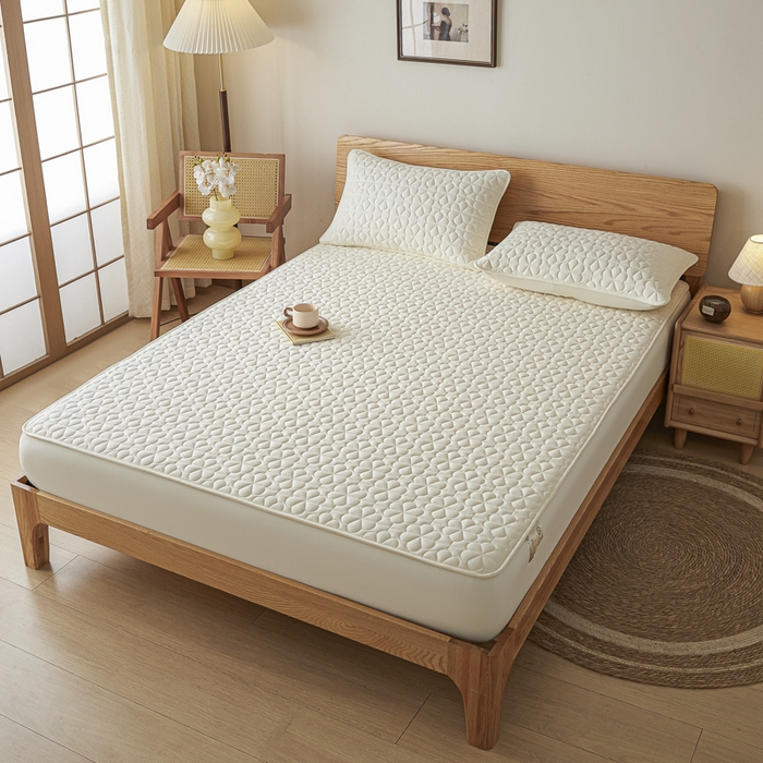 91家纺网 家纺一手货源 找家纺 芬晴家纺 2025新款A类母婴级大豆防水夹棉床笠系列-约定-心动-繁花 繁花-米白