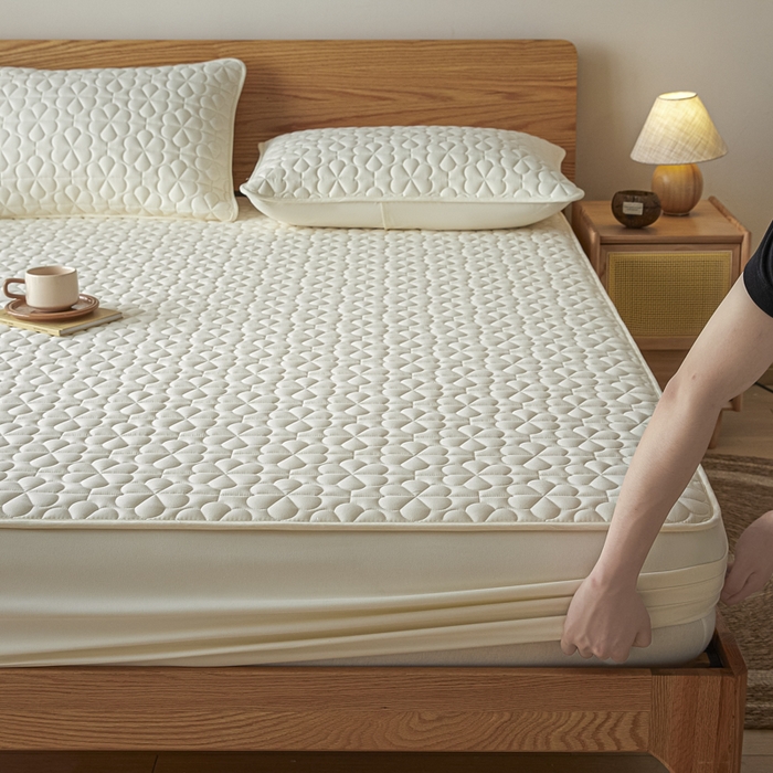 91家纺网 家纺一手货源 找家纺 芬晴家纺 2025新款A类母婴级大豆防水夹棉床笠系列-约定-心动-繁花 繁花-米白