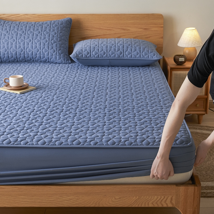 91家纺网 家纺一手货源 找家纺 芬晴家纺 2025新款A类母婴级大豆防水夹棉床笠系列-约定-心动-繁花 繁花-雾蓝