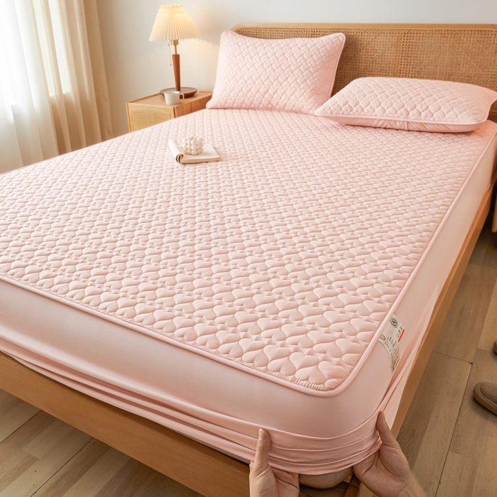 91家纺网 家纺一手货源 找家纺 芬晴家纺 2025新款A类母婴级大豆防水夹棉床笠系列-约定-心动-繁花 心动-豆沙粉