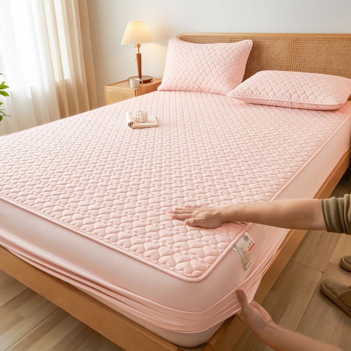 91家纺网 家纺一手货源 找家纺 芬晴家纺 2025新款A类母婴级大豆防水夹棉床笠系列-约定-心动-繁花 心动-豆沙粉