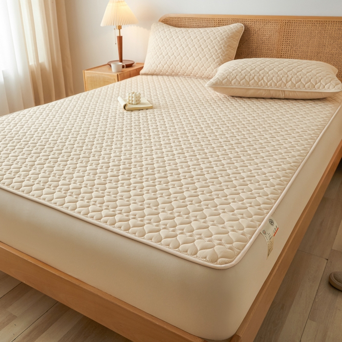 91家纺网 家纺一手货源 找家纺 芬晴家纺 2025新款A类母婴级大豆防水夹棉床笠系列-约定-心动-繁花 心动-卡其