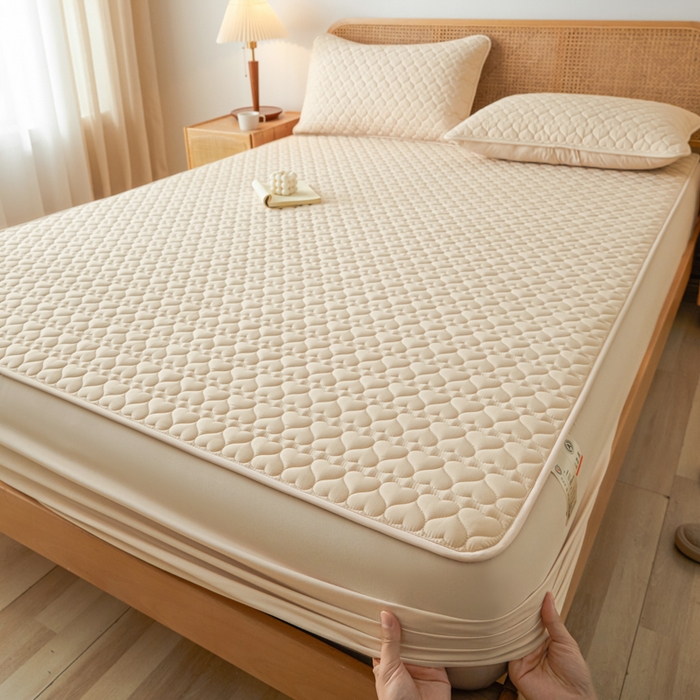 91家纺网 家纺一手货源 找家纺 芬晴家纺 2025新款A类母婴级大豆防水夹棉床笠系列-约定-心动-繁花 心动-卡其