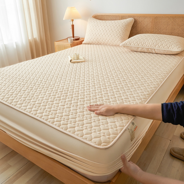 91家纺网 家纺一手货源 找家纺 芬晴家纺 2025新款A类母婴级大豆防水夹棉床笠系列-约定-心动-繁花 心动-卡其