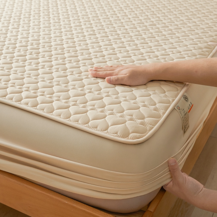 91家纺网 家纺一手货源 找家纺 芬晴家纺 2025新款A类母婴级大豆防水夹棉床笠系列-约定-心动-繁花 心动-卡其