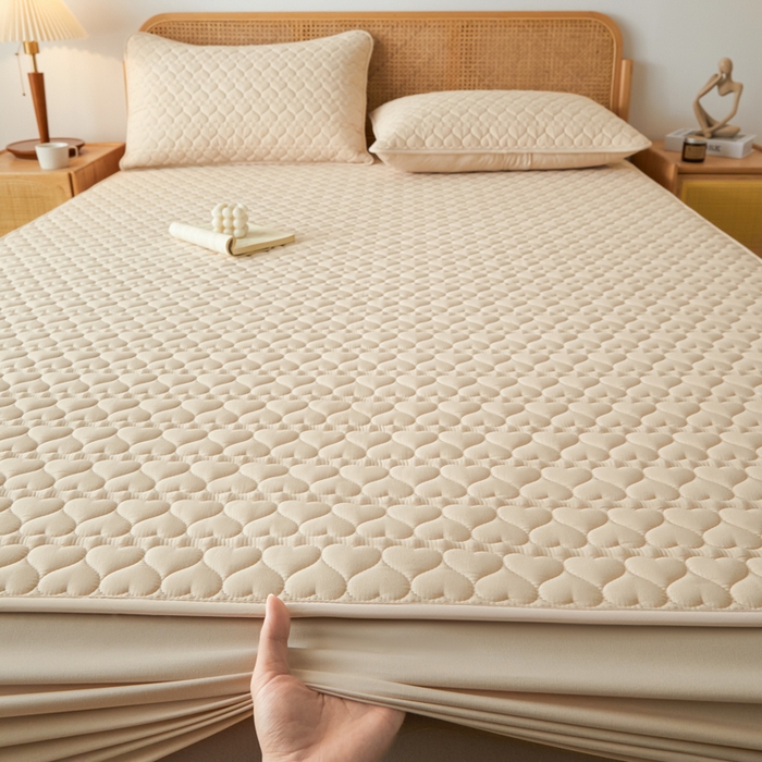 91家纺网 家纺一手货源 找家纺 芬晴家纺 2025新款A类母婴级大豆防水夹棉床笠系列-约定-心动-繁花 心动-卡其