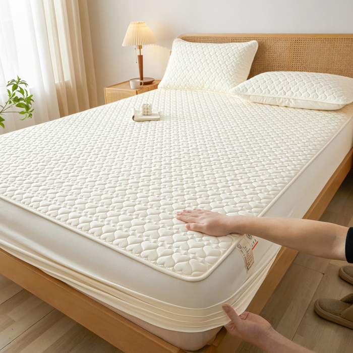 91家纺网 家纺一手货源 找家纺 芬晴家纺 2025新款A类母婴级大豆防水夹棉床笠系列-约定-心动-繁花 心动-米白