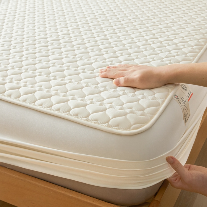 91家纺网 家纺一手货源 找家纺 芬晴家纺 2025新款A类母婴级大豆防水夹棉床笠系列-约定-心动-繁花 心动-米白