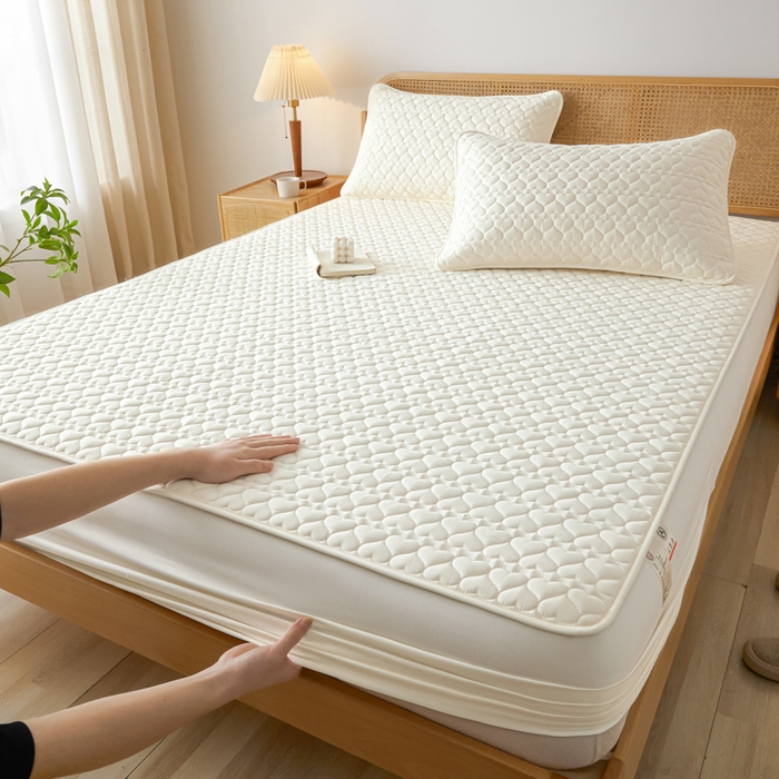 91家纺网 家纺一手货源 找家纺 芬晴家纺 2025新款A类母婴级大豆防水夹棉床笠系列-约定-心动-繁花 心动-米白