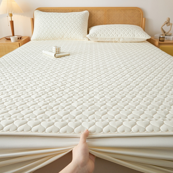 91家纺网 家纺一手货源 找家纺 芬晴家纺 2025新款A类母婴级大豆防水夹棉床笠系列-约定-心动-繁花 心动-米白