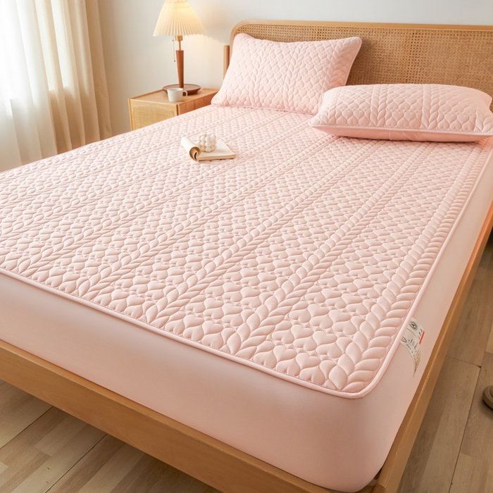 91家纺网 家纺一手货源 找家纺 芬晴家纺 2025新款A类母婴级大豆防水夹棉床笠系列-约定-心动-繁花 约定-豆沙粉