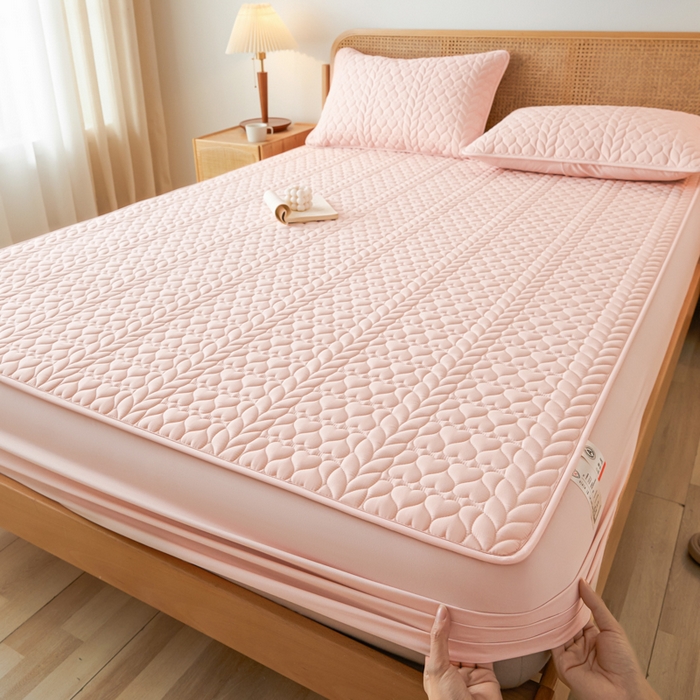 91家纺网 家纺一手货源 找家纺 芬晴家纺 2025新款A类母婴级大豆防水夹棉床笠系列-约定-心动-繁花 约定-豆沙粉