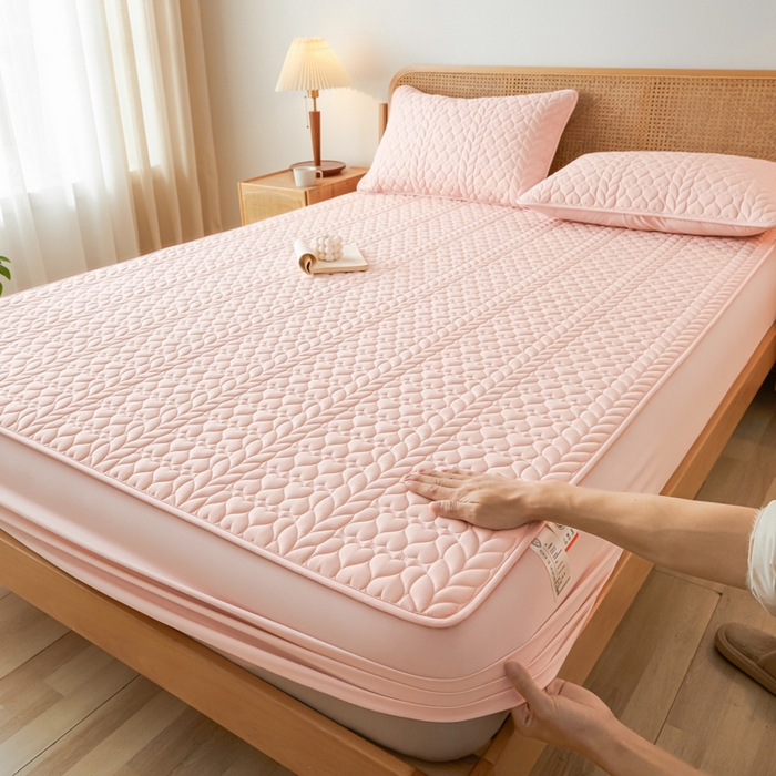 91家纺网 家纺一手货源 找家纺 芬晴家纺 2025新款A类母婴级大豆防水夹棉床笠系列-约定-心动-繁花 约定-豆沙粉