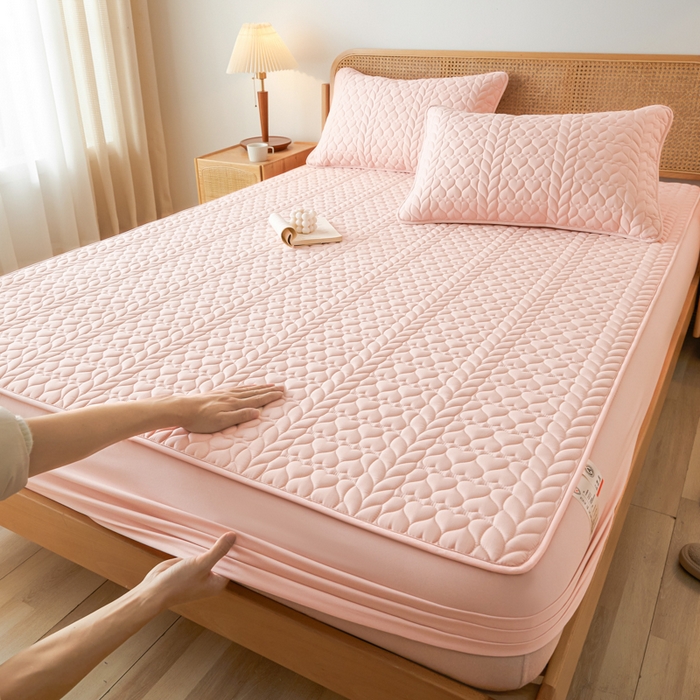 91家纺网 家纺一手货源 找家纺 芬晴家纺 2025新款A类母婴级大豆防水夹棉床笠系列-约定-心动-繁花 约定-豆沙粉