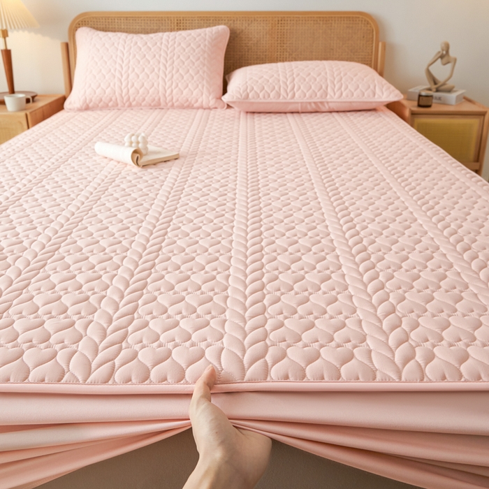 91家纺网 家纺一手货源 找家纺 芬晴家纺 2025新款A类母婴级大豆防水夹棉床笠系列-约定-心动-繁花 约定-豆沙粉