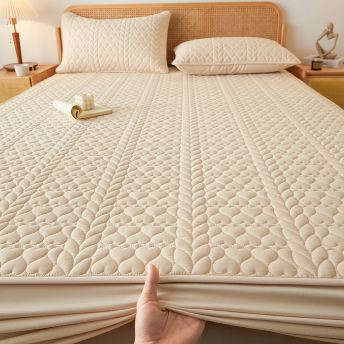 91家纺网 家纺一手货源 找家纺 芬晴家纺 2025新款A类母婴级大豆防水夹棉床笠系列-约定-心动-繁花 约定-卡其