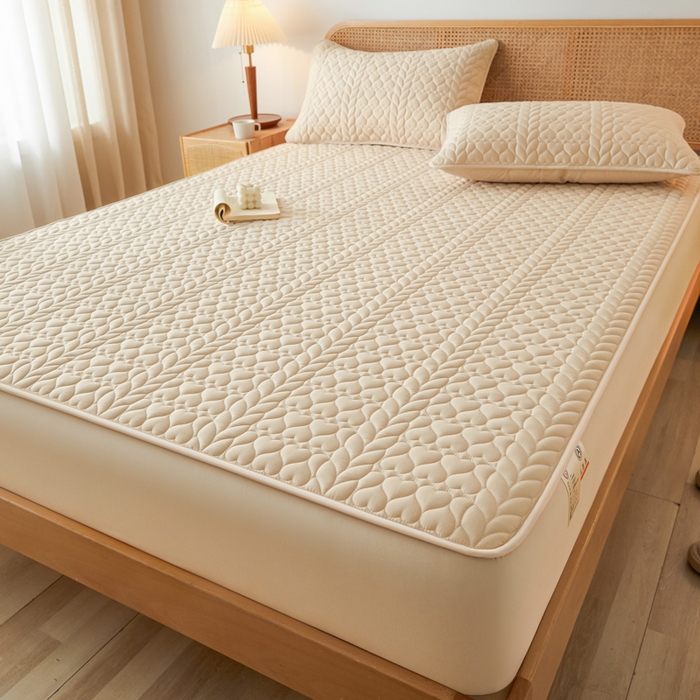 91家纺网 家纺一手货源 找家纺 芬晴家纺 2025新款A类母婴级大豆防水夹棉床笠系列-约定-心动-繁花 约定-卡其