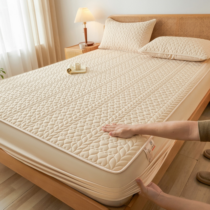 91家纺网 家纺一手货源 找家纺 芬晴家纺 2025新款A类母婴级大豆防水夹棉床笠系列-约定-心动-繁花 约定-卡其