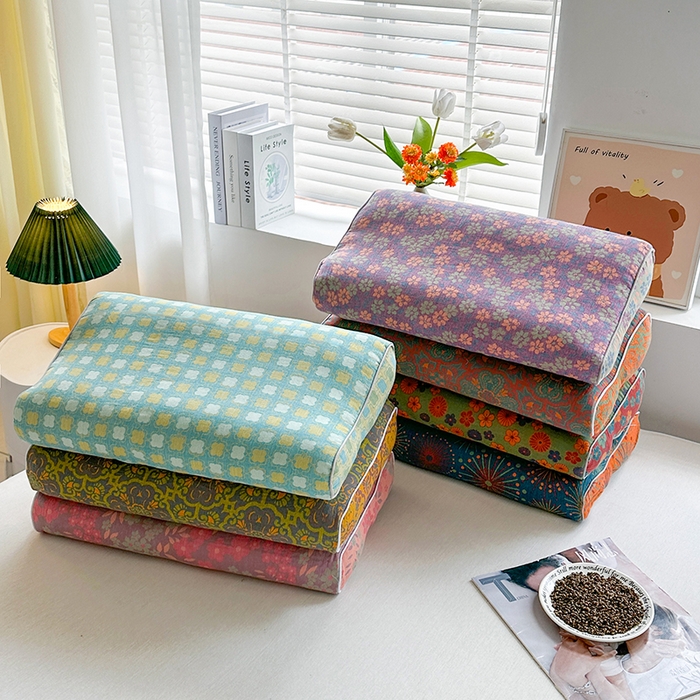 91家纺网 家纺一手货源 找家纺 梦莱家纺 2025新款全棉双层纱色织提花全荞麦枕牵引枕高低造型枕头枕芯 大花 30x50cm/只-甜荞麦