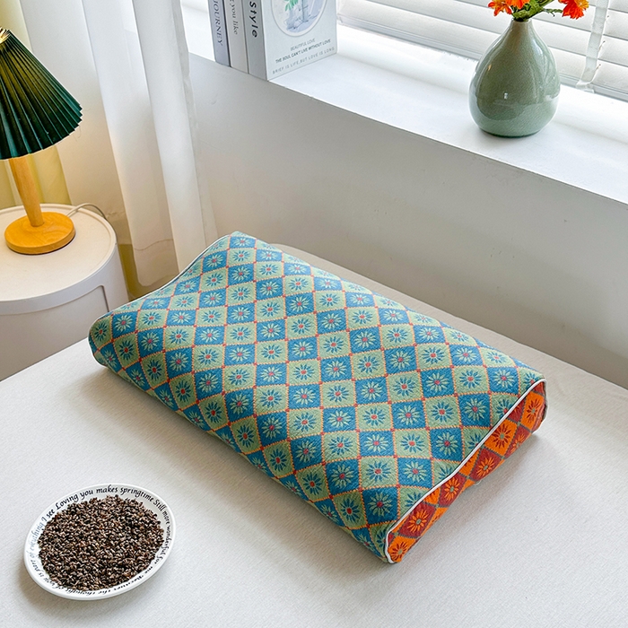 梦莱家纺 2025新款全棉双层纱色织提花全荞麦枕牵引枕高低造型枕头枕芯 太阳花-蓝 30x50cm/只-甜荞麦