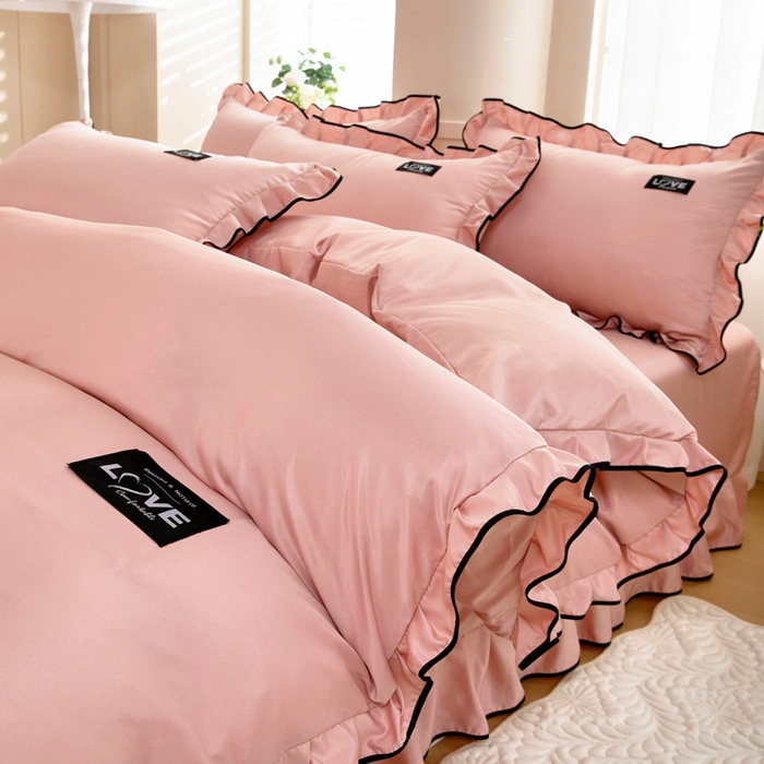 91家纺网 家纺一手货源 找家纺 找底底家纺 2025新款A类冰丝四件套系列 香槟粉