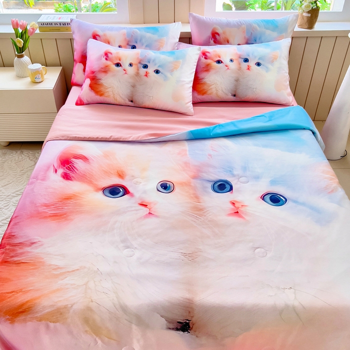 91家纺网 家纺一手货源 找家纺 找底底家纺 2025新款A类夏被四件套系列 猫咪