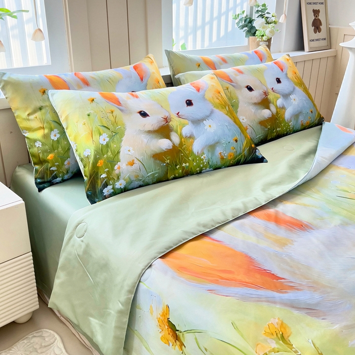 91家纺网 家纺一手货源 找家纺 找底底家纺 2025新款A类夏被四件套系列 兔子