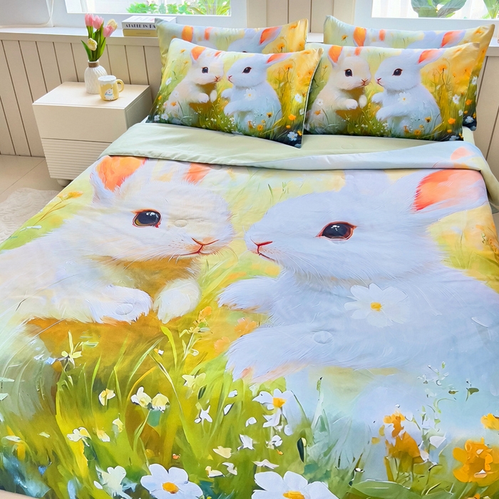 91家纺网 家纺一手货源 找家纺 找底底家纺 2025新款A类夏被四件套系列 兔子