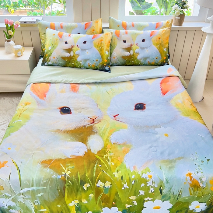 91家纺网 家纺一手货源 找家纺 找底底家纺 2025新款A类夏被四件套系列 兔子