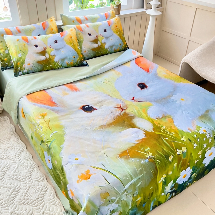 91家纺网 家纺一手货源 找家纺 找底底家纺 2025新款A类夏被四件套系列 兔子