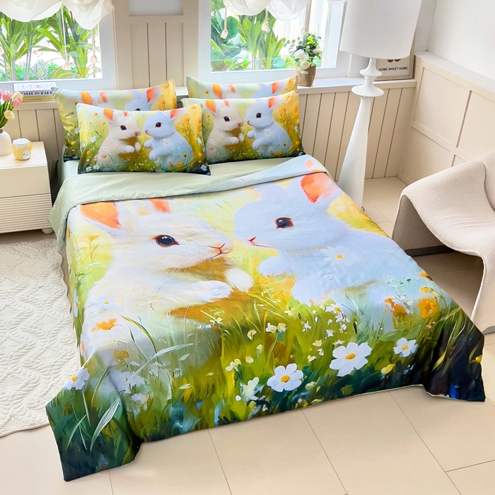 91家纺网 家纺一手货源 找家纺 找底底家纺 2025新款A类夏被四件套系列 兔子