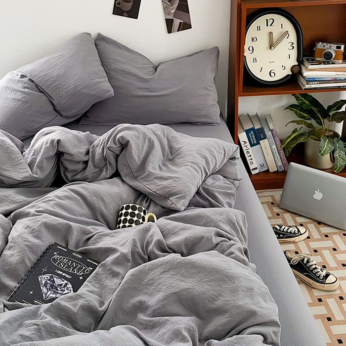 91家纺网 家纺一手货源 找家纺 （总）优尚佳生活馆 2025新款ins风超柔褶皱亲肤磨毛水洗棉四件套纯色系列（风格二）