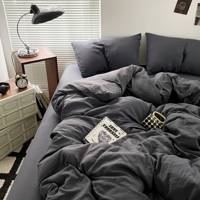 91家纺网 家纺一手货源 找家纺 优尚佳生活馆 2025新款ins风超柔褶皱亲肤磨毛水洗棉四件套纯色系列（风格二） 布鲁灰