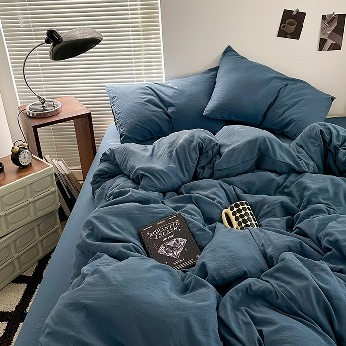 91家纺网 家纺一手货源 找家纺 优尚佳生活馆 2025新款ins风超柔褶皱亲肤磨毛水洗棉四件套纯色系列（风格二） 梵星蓝