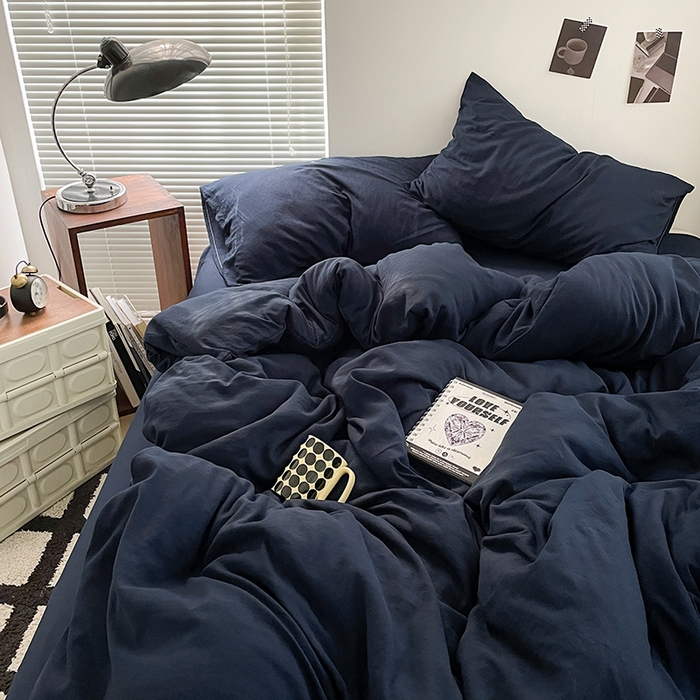 91家纺网 家纺一手货源 找家纺 优尚佳生活馆 2025新款ins风超柔褶皱亲肤磨毛水洗棉四件套纯色系列（风格二） 梦幻蓝