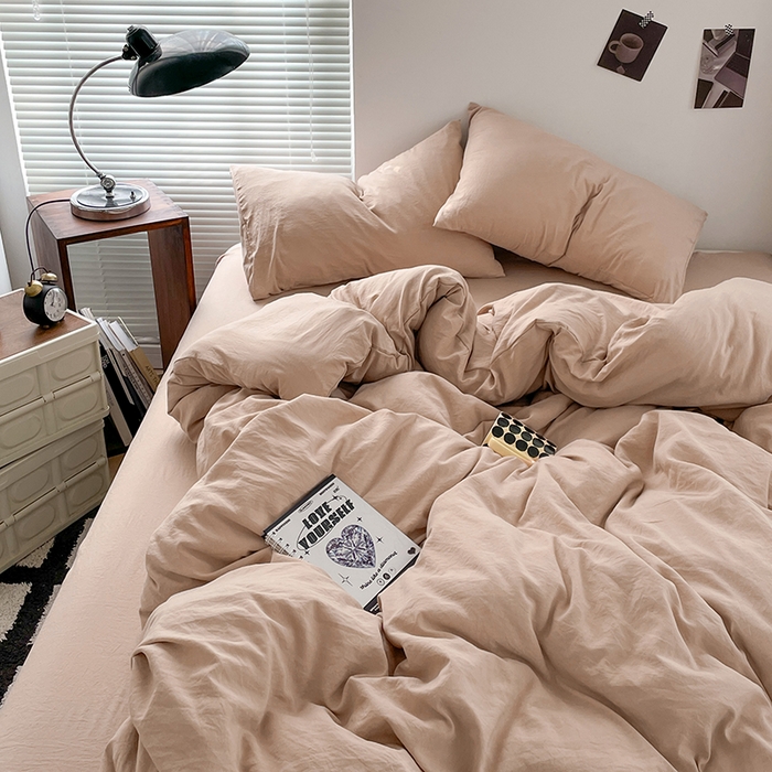 91家纺网 家纺一手货源 找家纺 优尚佳生活馆 2025新款ins风超柔褶皱亲肤磨毛水洗棉四件套纯色系列（风格二） 奶茶