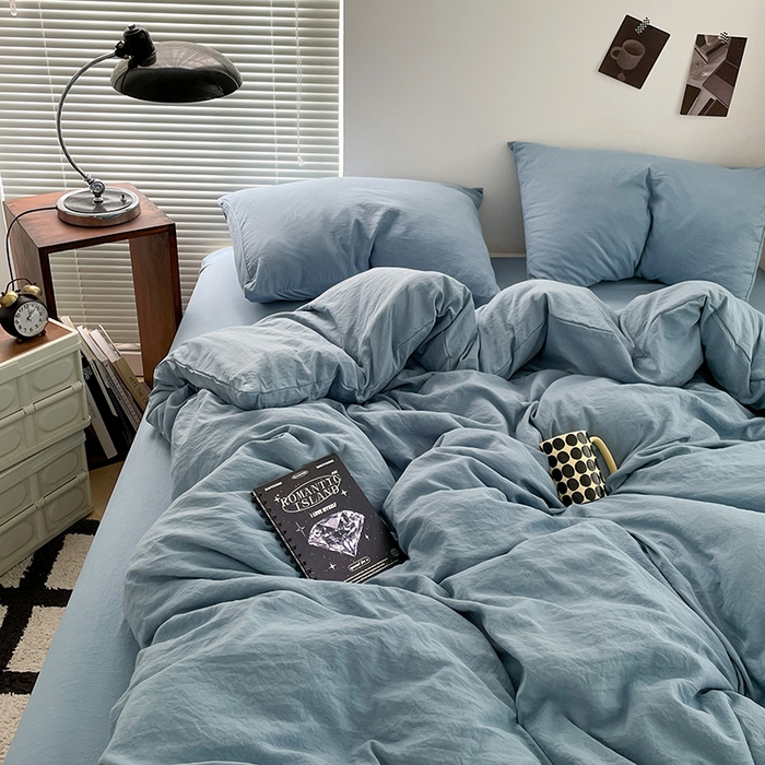 91家纺网 家纺一手货源 找家纺 优尚佳生活馆 2025新款ins风超柔褶皱亲肤磨毛水洗棉四件套纯色系列（风格二） 尼罗蓝