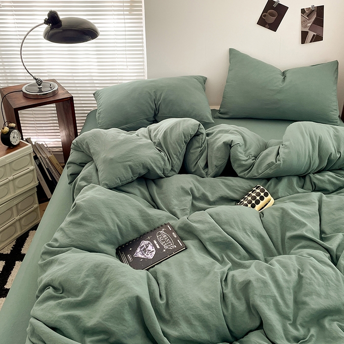 91家纺网 家纺一手货源 找家纺 优尚佳生活馆 2025新款ins风超柔褶皱亲肤磨毛水洗棉四件套纯色系列（风格二） 清新绿