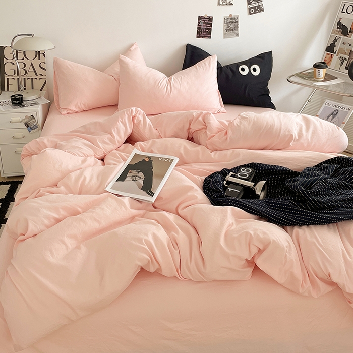 优尚佳生活馆 2025新款ins风超柔褶皱亲肤磨毛水洗棉四件套纯色系列（风格一） 优雅粉