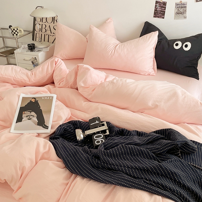 91家纺网 家纺一手货源 找家纺 优尚佳生活馆 2025新款ins风超柔褶皱亲肤磨毛水洗棉四件套纯色系列（风格一） 优雅粉