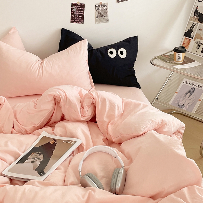 91家纺网 家纺一手货源 找家纺 优尚佳生活馆 2025新款ins风超柔褶皱亲肤磨毛水洗棉四件套纯色系列（风格一） 优雅粉