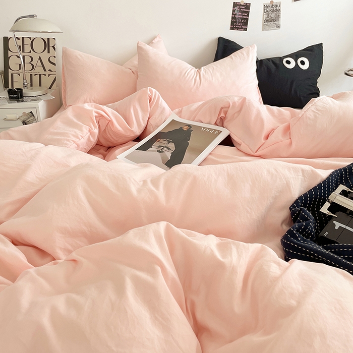 91家纺网 家纺一手货源 找家纺 优尚佳生活馆 2025新款ins风超柔褶皱亲肤磨毛水洗棉四件套纯色系列（风格一） 优雅粉