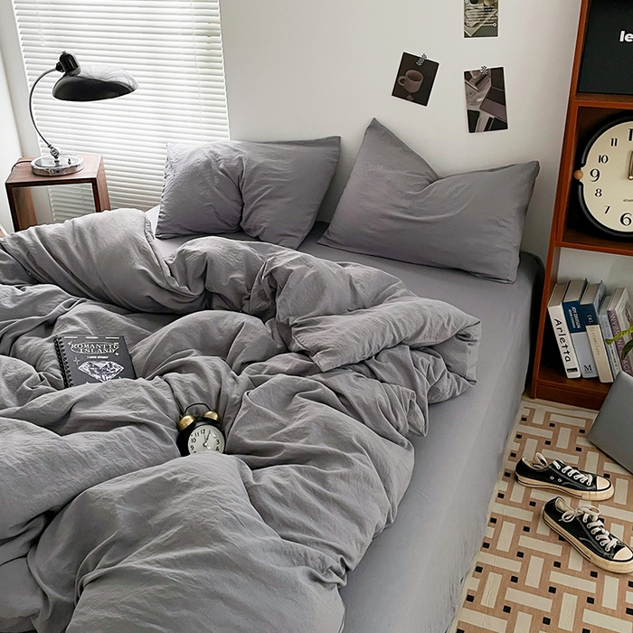 91家纺网 家纺一手货源 找家纺 优尚佳生活馆 2025新款ins风超柔褶皱亲肤磨毛水洗棉四件套纯色系列（风格二） 流光灰