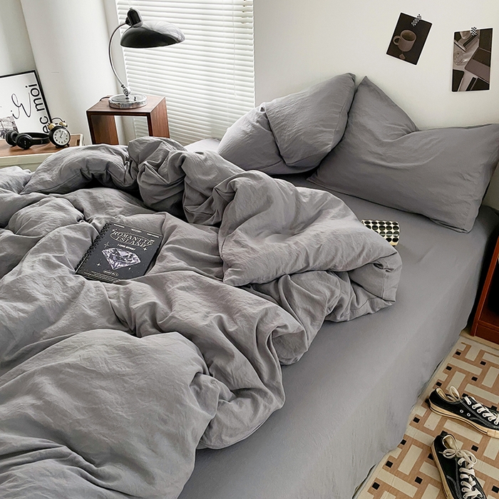 91家纺网 家纺一手货源 找家纺 优尚佳生活馆 2025新款ins风超柔褶皱亲肤磨毛水洗棉四件套纯色系列（风格二） 流光灰