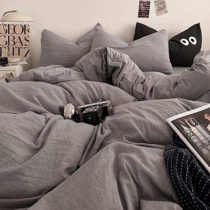 91家纺网 家纺一手货源 找家纺 优尚佳生活馆 2025新款ins风超柔褶皱亲肤磨毛水洗棉四件套纯色系列（风格一） 流光灰