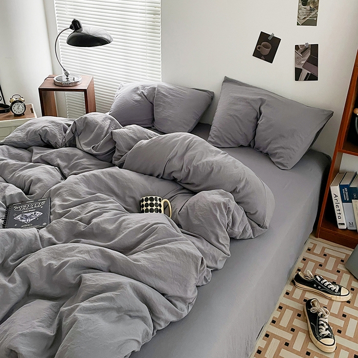 91家纺网 家纺一手货源 找家纺 优尚佳生活馆 2025新款ins风超柔褶皱亲肤磨毛水洗棉四件套纯色系列（风格二） 流光灰
