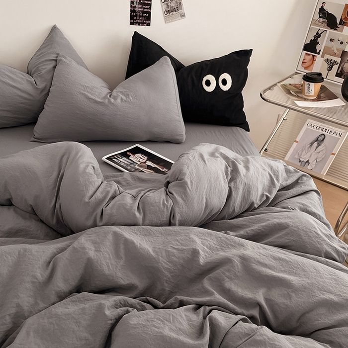 91家纺网 家纺一手货源 找家纺 优尚佳生活馆 2025新款ins风超柔褶皱亲肤磨毛水洗棉四件套纯色系列（风格一） 流光灰